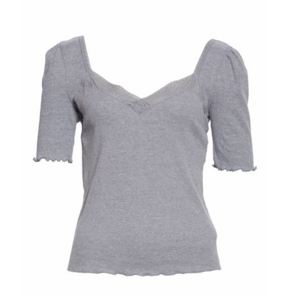 FREE PEOPLE GRAY ELBOW SLEEVE LACE TRIM SWEETHEART NECK MARGAUX TOP - Picture 4 of 4